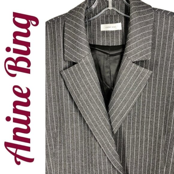 ANINE BING Becky Gray Pinstriped Blazer Double Breasted Menswear, Size 6 - Picture 14 of 15